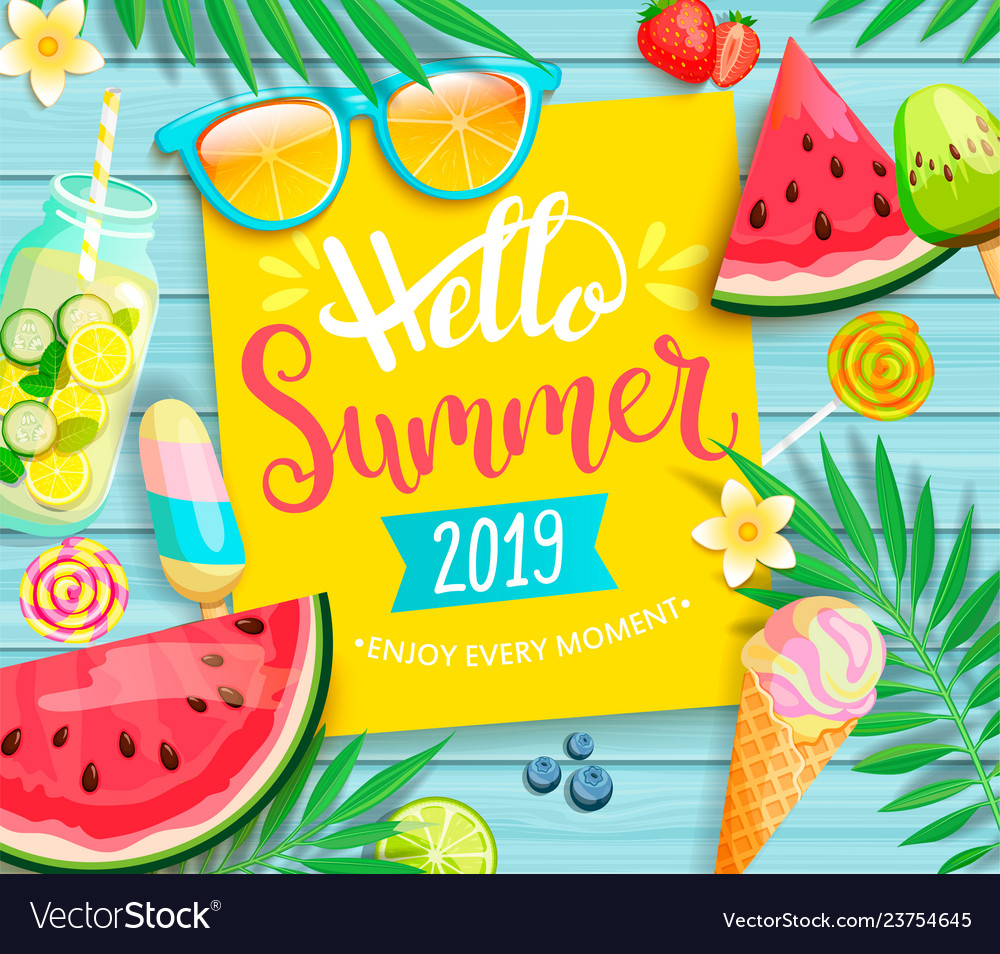 Hello summer 2019 yellow card or banner Royalty Free Vector