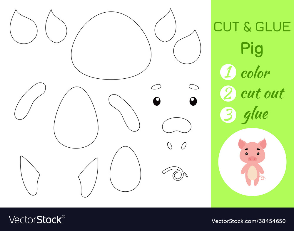 Color cut and glue paper little pig cut and paste Vector Image