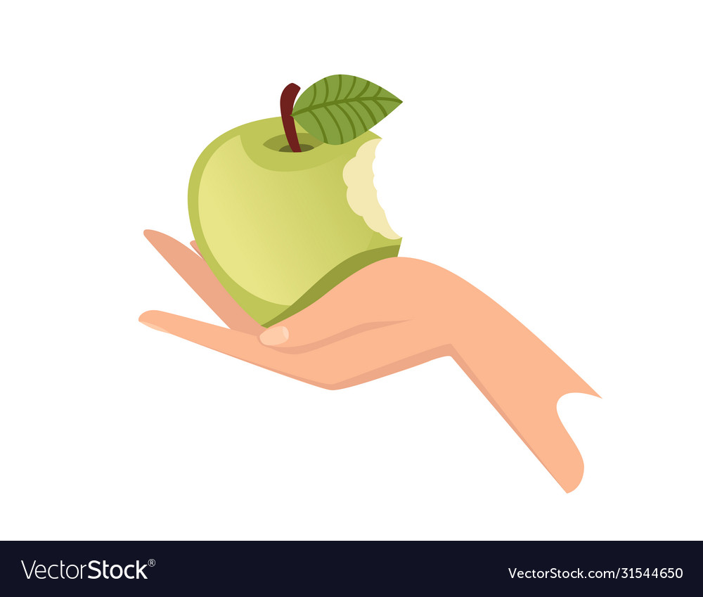 Hand hold green bitten apple flat isolated