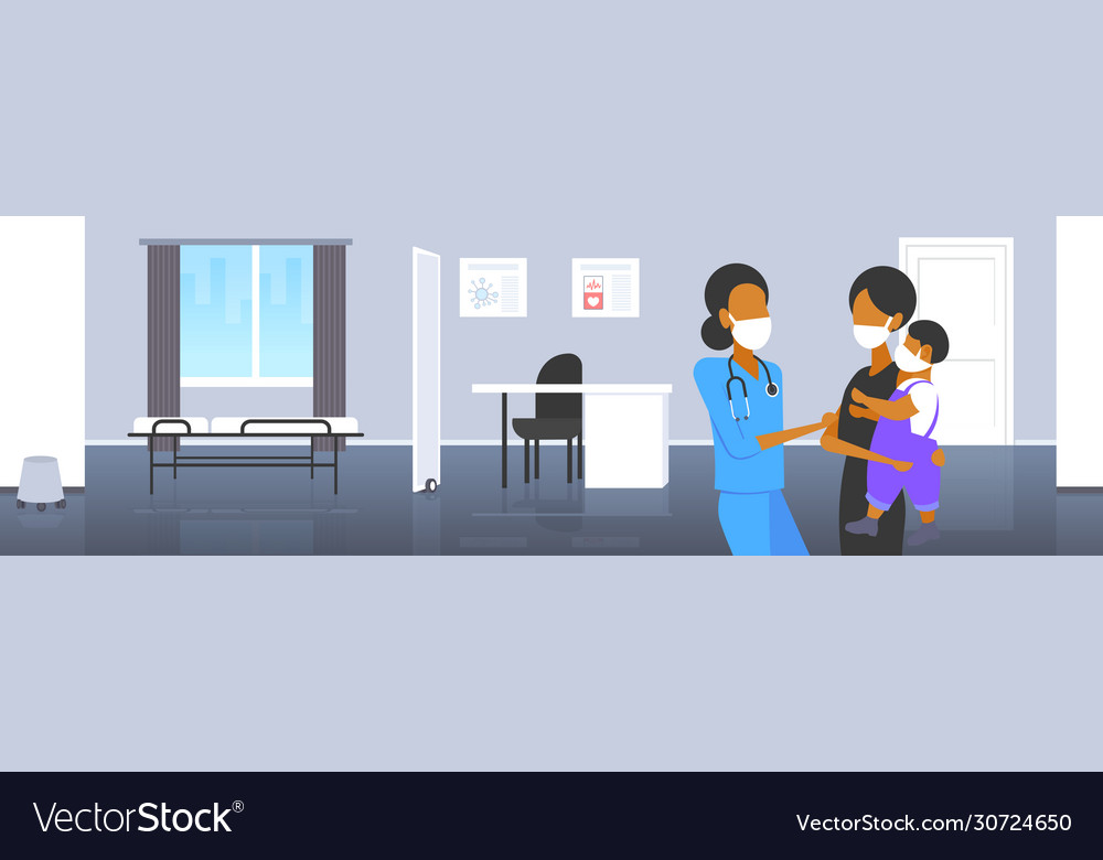 Pediatrician in mask exam child boy patient visit Vector Image