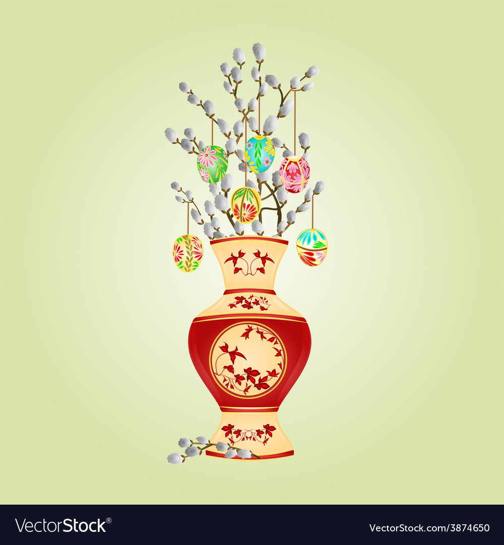 Vase With Branch Pussy Willow And Easter Eggs Vector Image