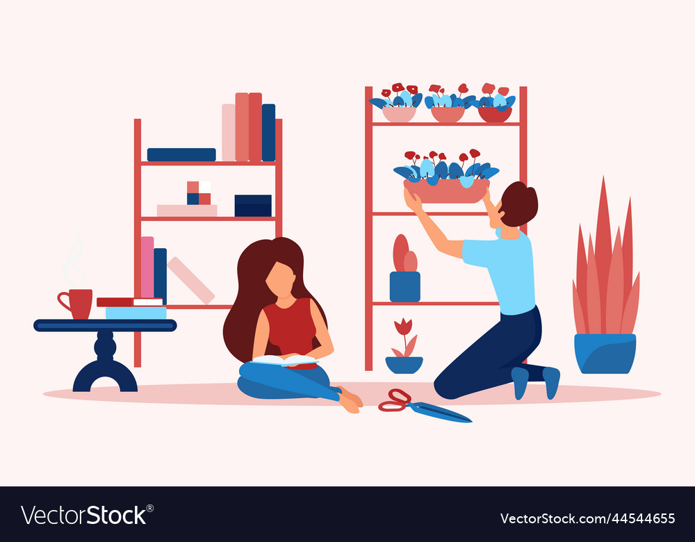 people-spend-time-at-home-reading-book-planting-vector-image