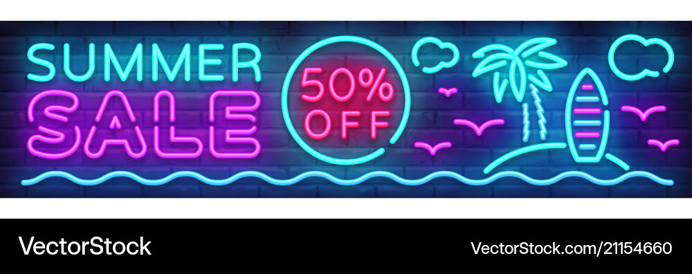 Summer Sale Neon Horizontal Banner Royalty Free Vector Image