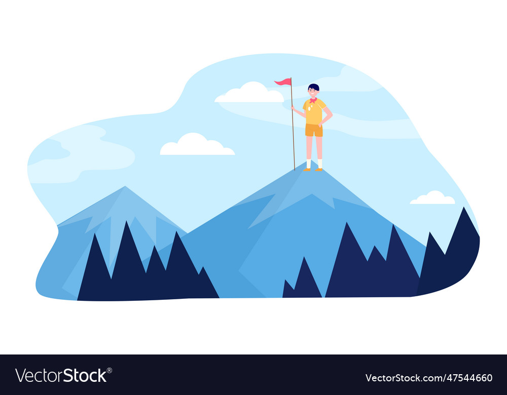 Young scout standing on mountain peak with flag