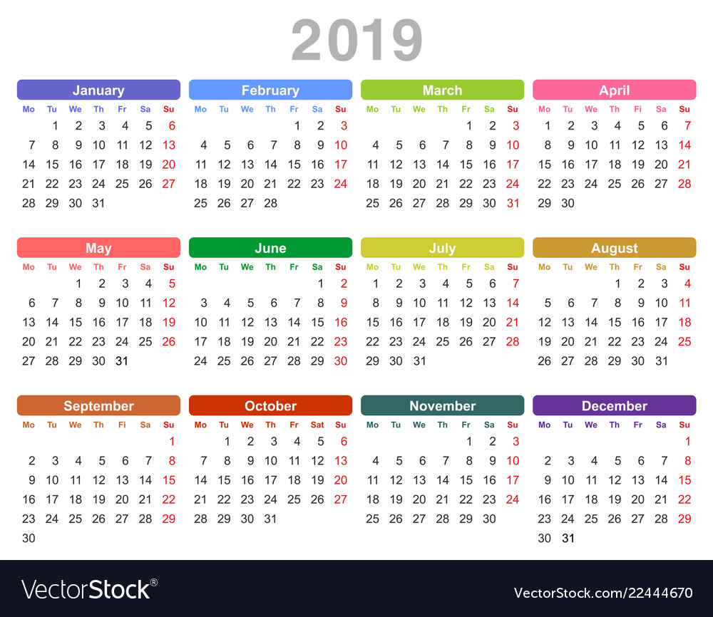 2019 year annual calendar monday first english Vector Image