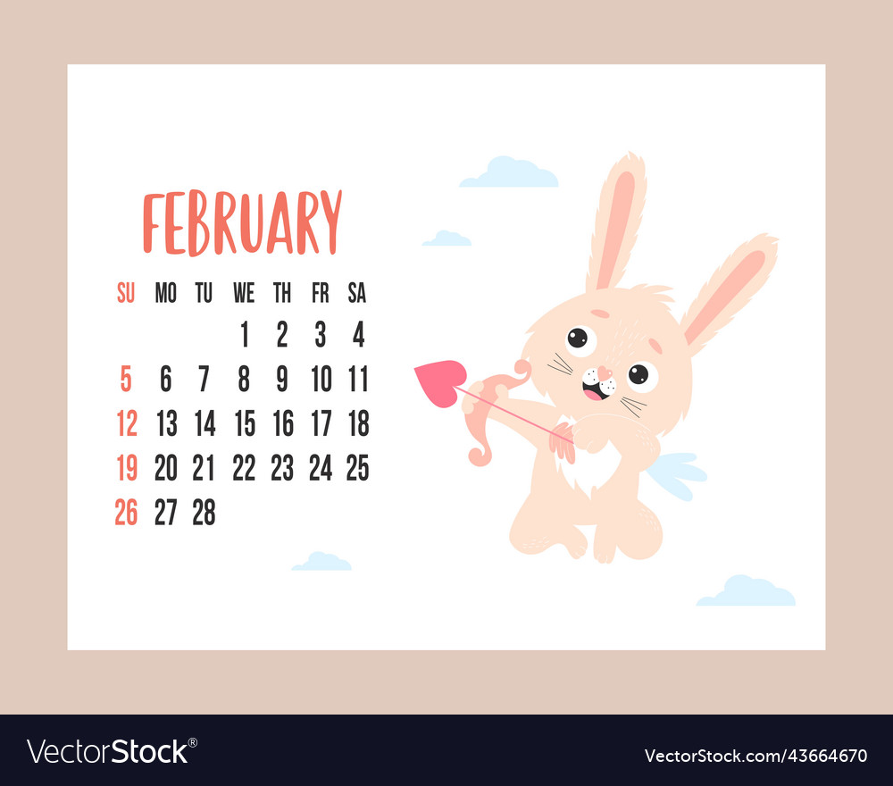 February 2023 calendar cute bunny winged cupid