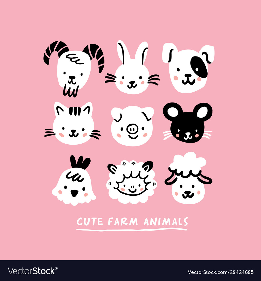 Cute doodle cartoon farm animals scandinavian