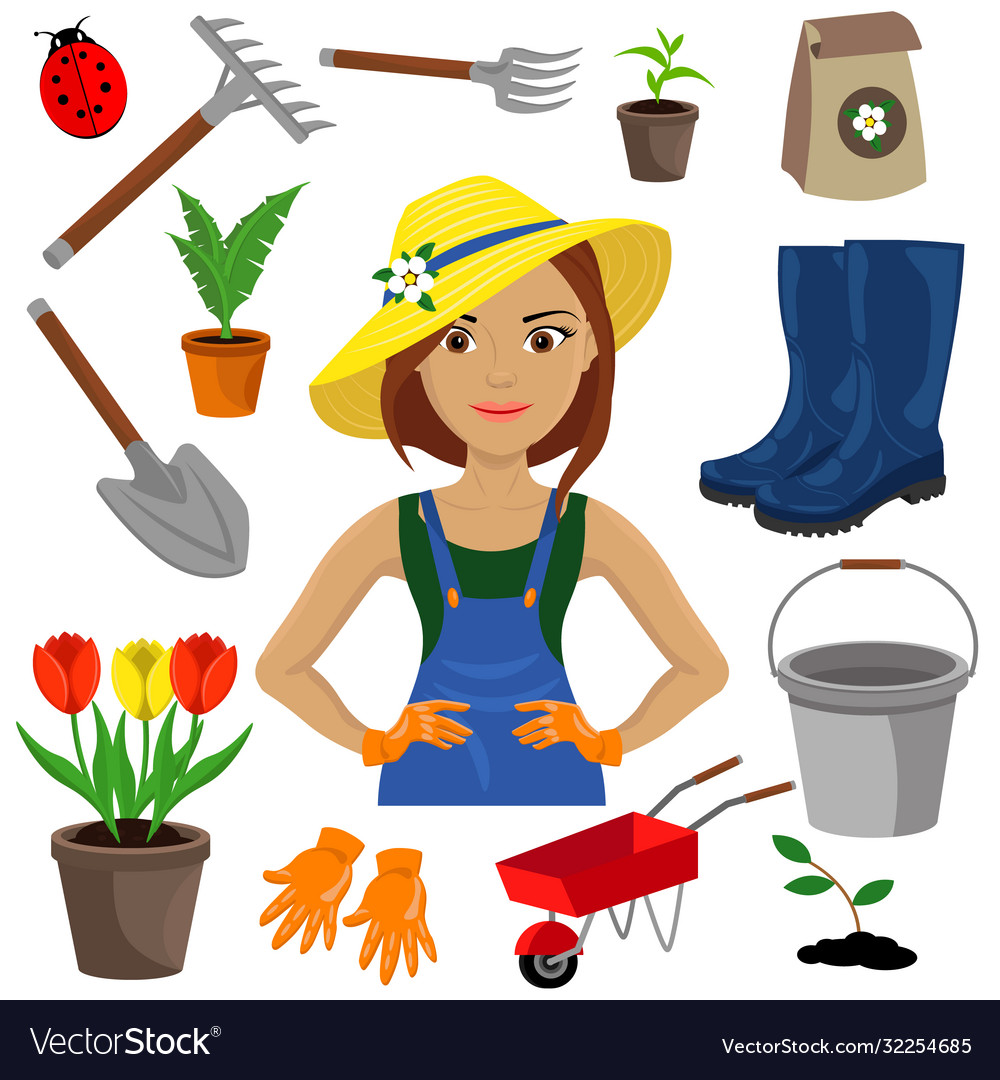 Cute girl gardener and a set garden tools Vector Image