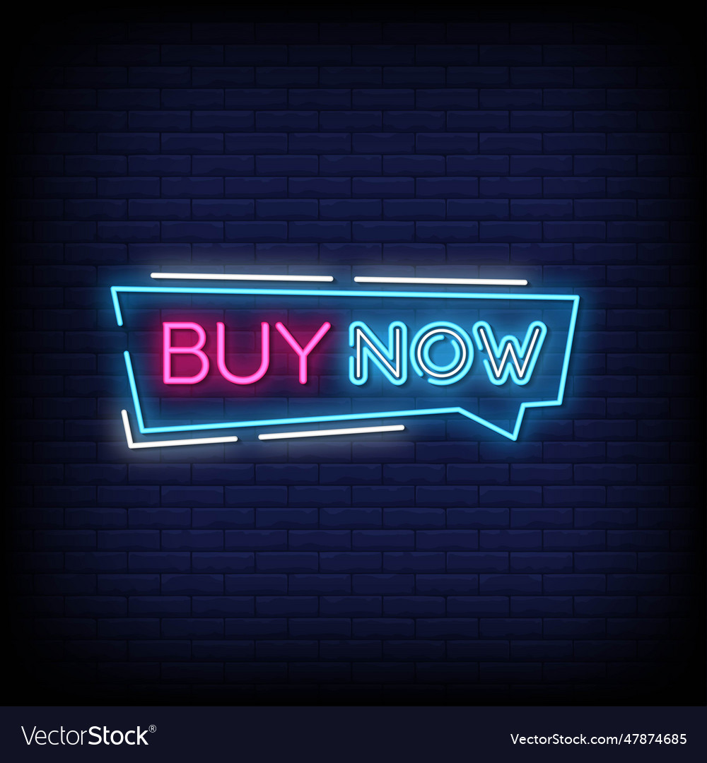 Neon sign buy now with brick wall background