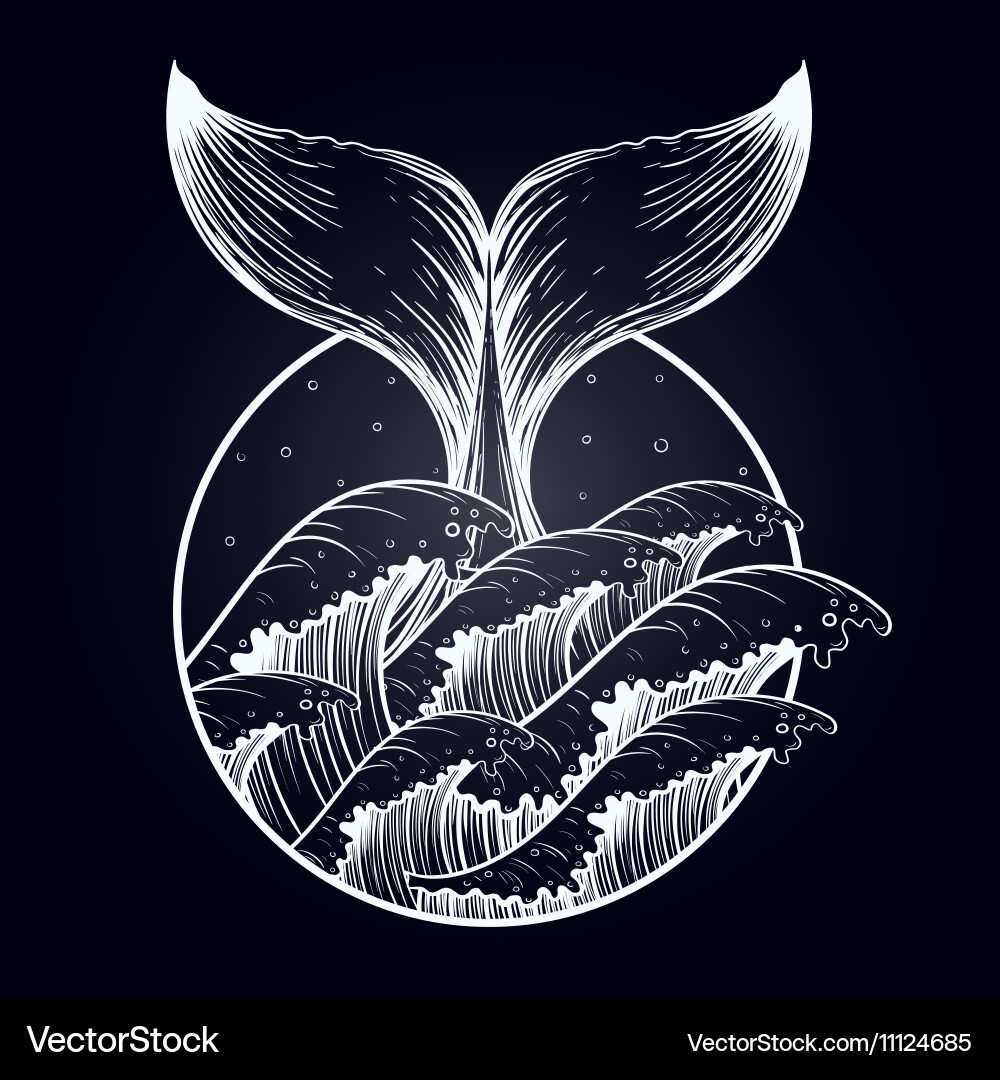 Whale Tail In Sea Waves Boho Blackwork Tattoo Vector Image