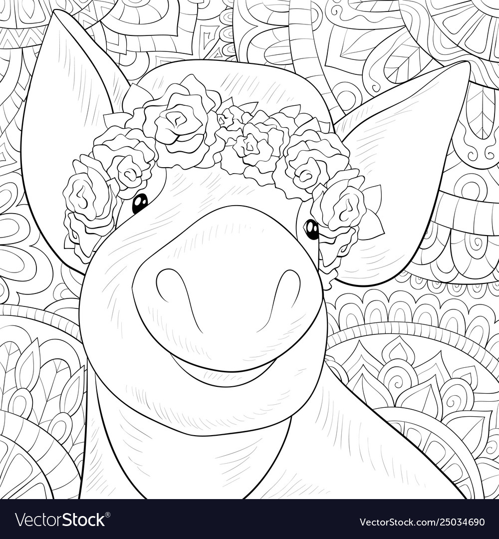 Adult coloring bookpage a cute pig wearing a hat Vector Image