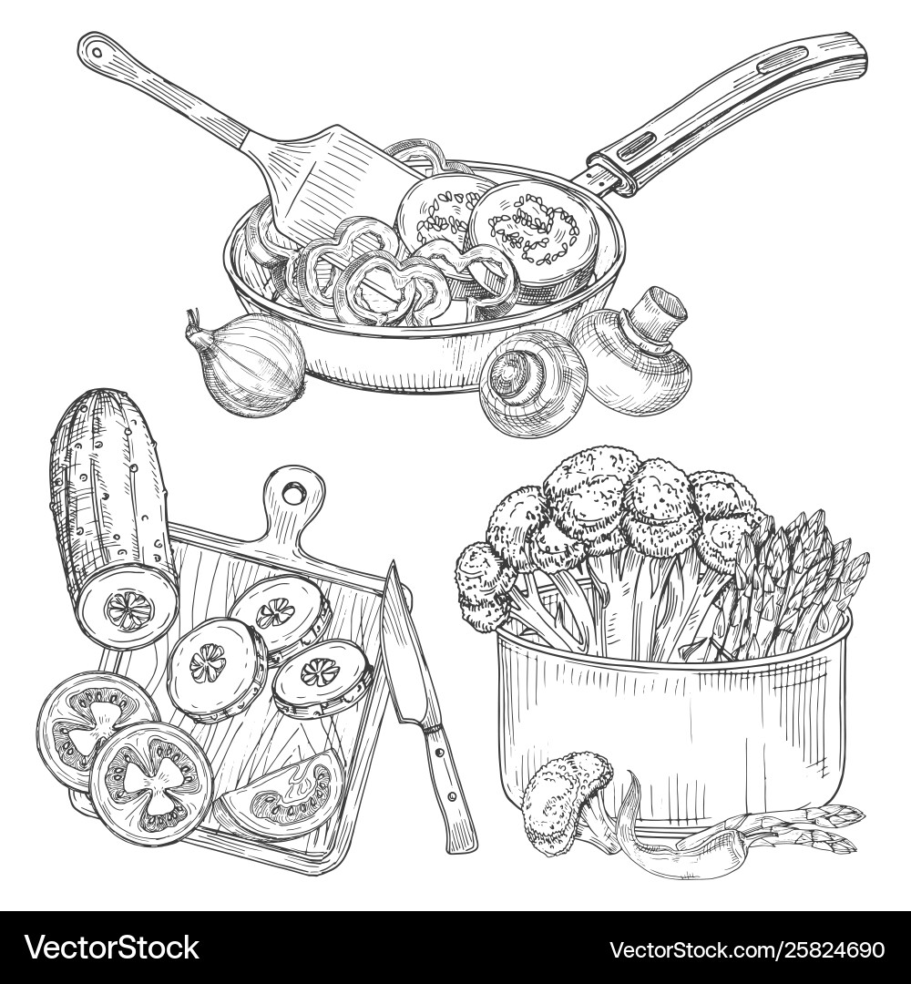 Cooking vegetables dishes and sketch Royalty Free Vector