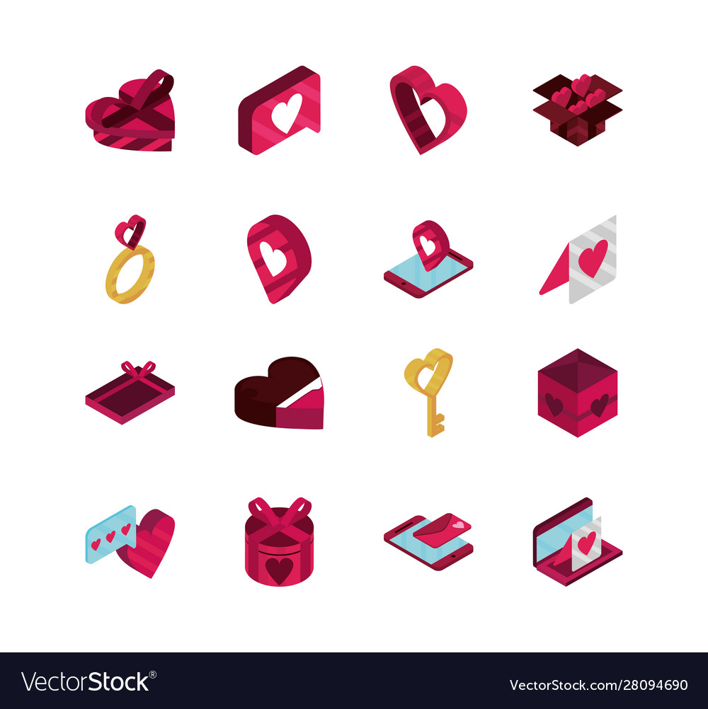 Glückliche Valentinstag isometrische Icons Sammlung