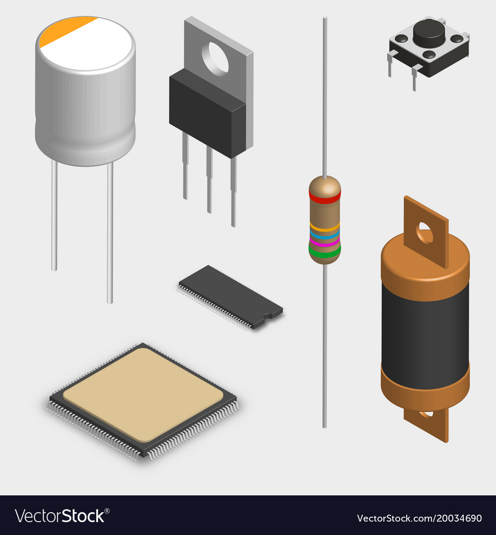 Set of different electronic components in 3d Vector Image