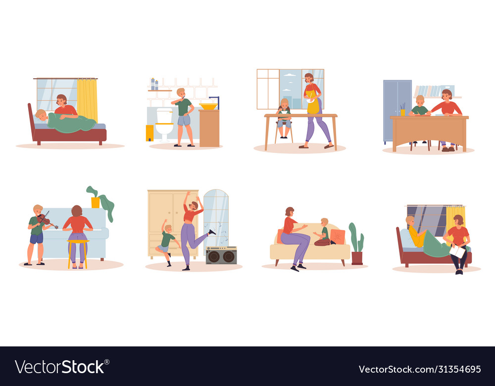 Mother son everyday activity daily life scene set Vector Image