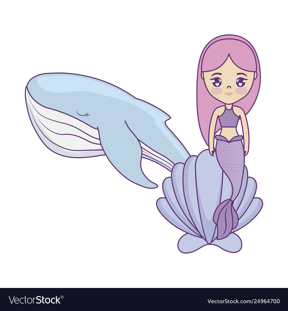 Cute mermaid sitting in seashell with whale