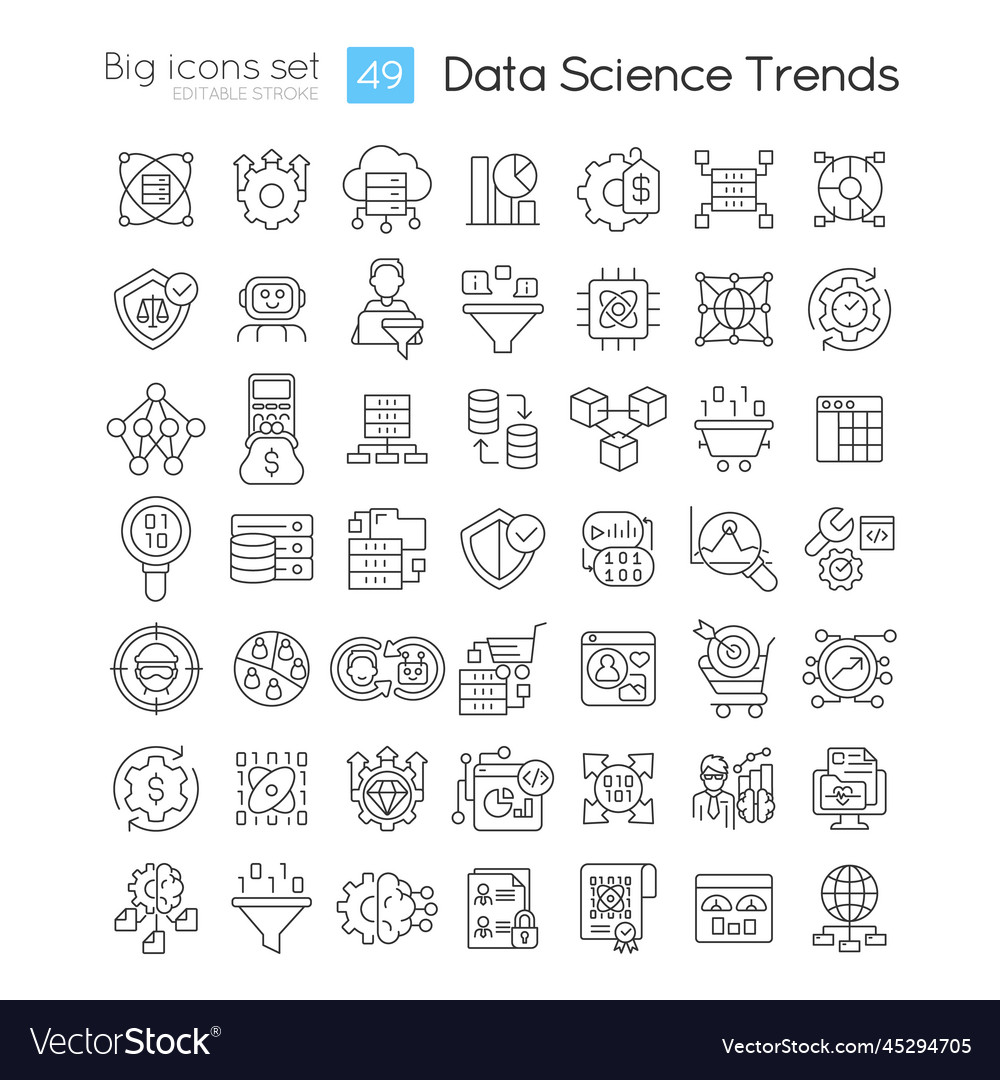 Data science trends linear icons set