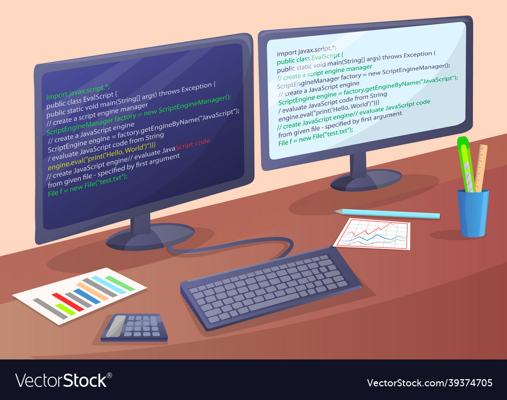 Workplace of office worker programmer with code vector image Workplace of office worker programmer with code
