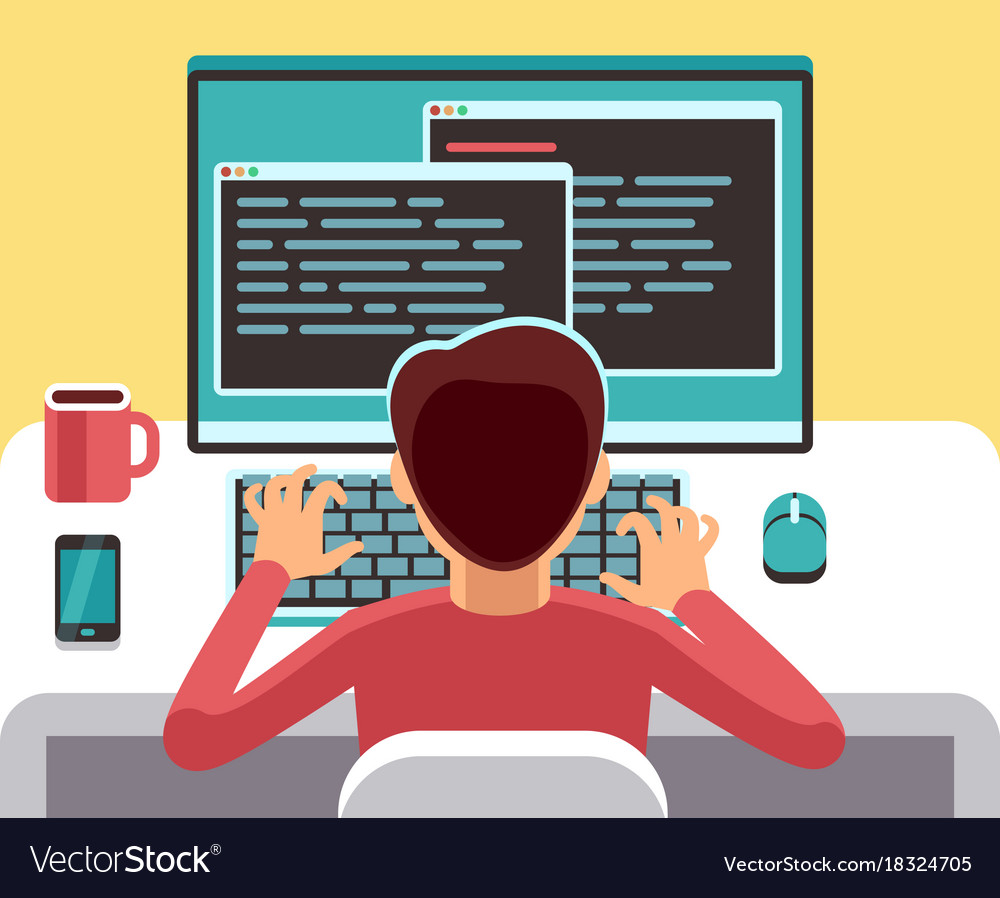 Young Man Programmer Working On Computer With Code
