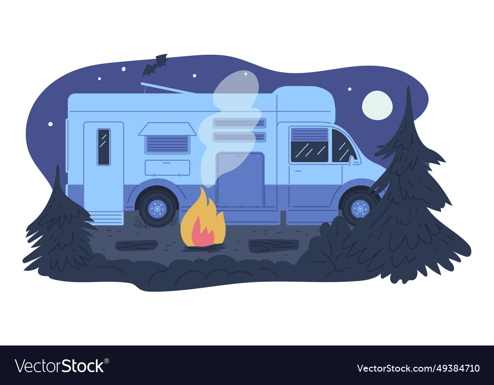 Camper van on camping with bonfire full moon Vector Image