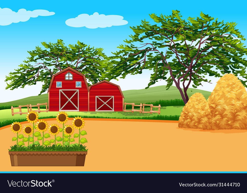 Farm scene with barn and flowers on Royalty Free Vector