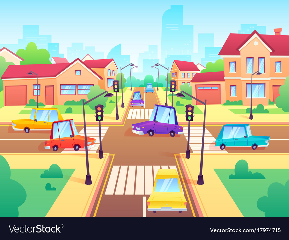 Crossroad with cars city suburb traffic jam