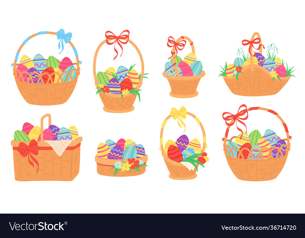 Easter baskets painted chocolate eggs in wicker Vector Image