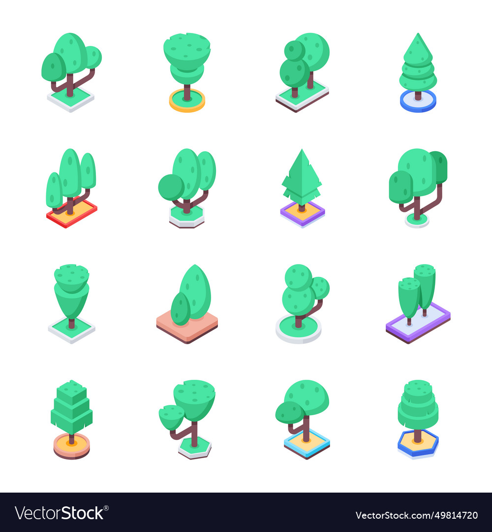 Set of garden trees isometric icons Royalty Free Vector