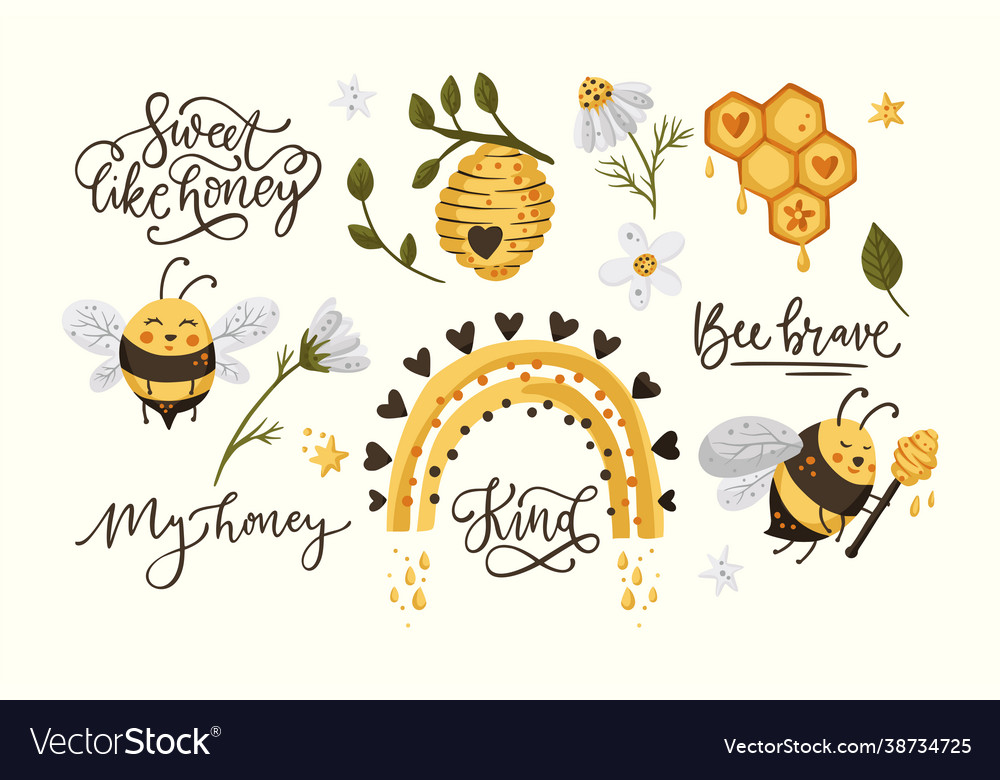 Cute honey bee funny set Royalty Free Vector Image