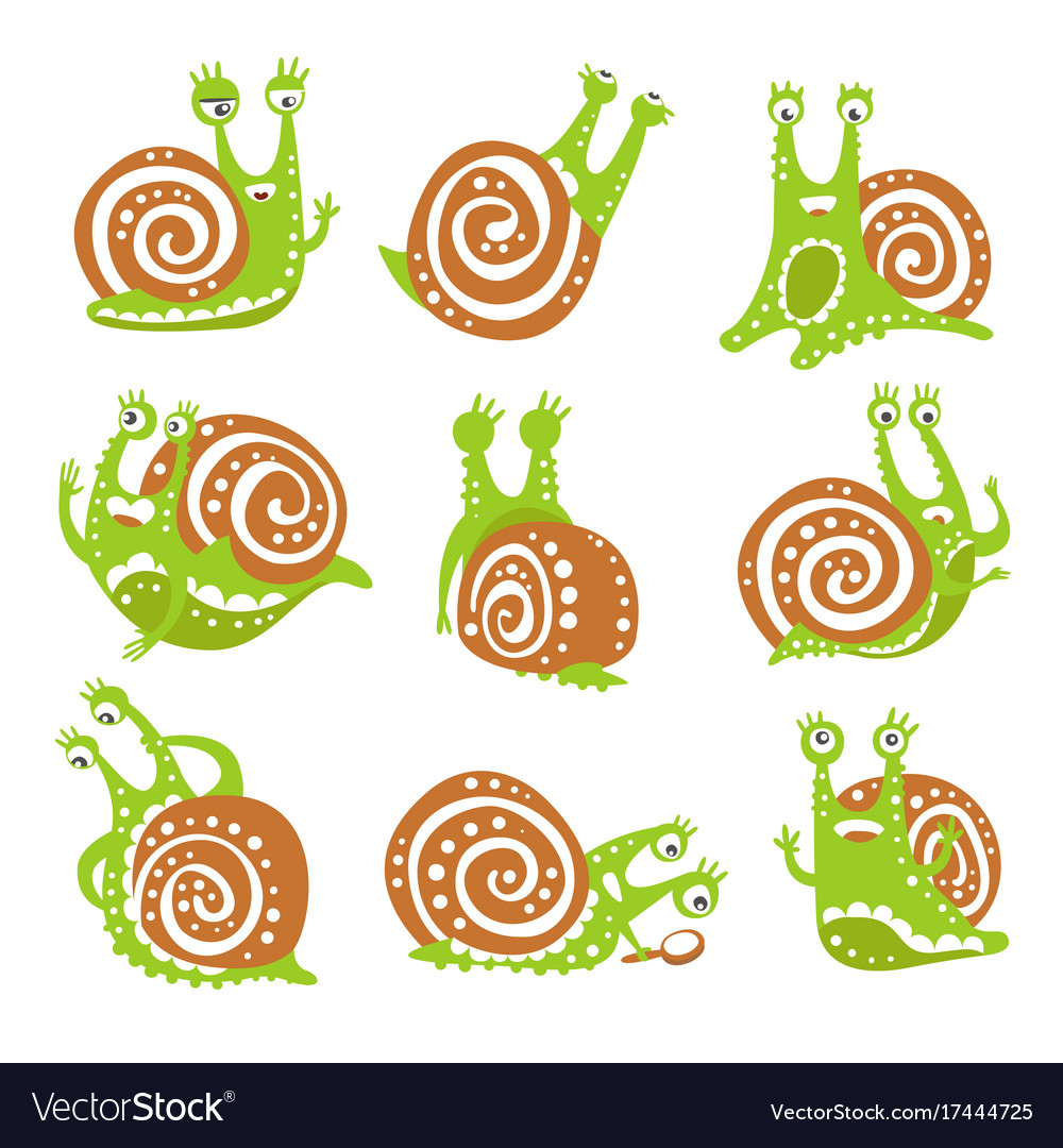 Cute snail character set funny mollusk