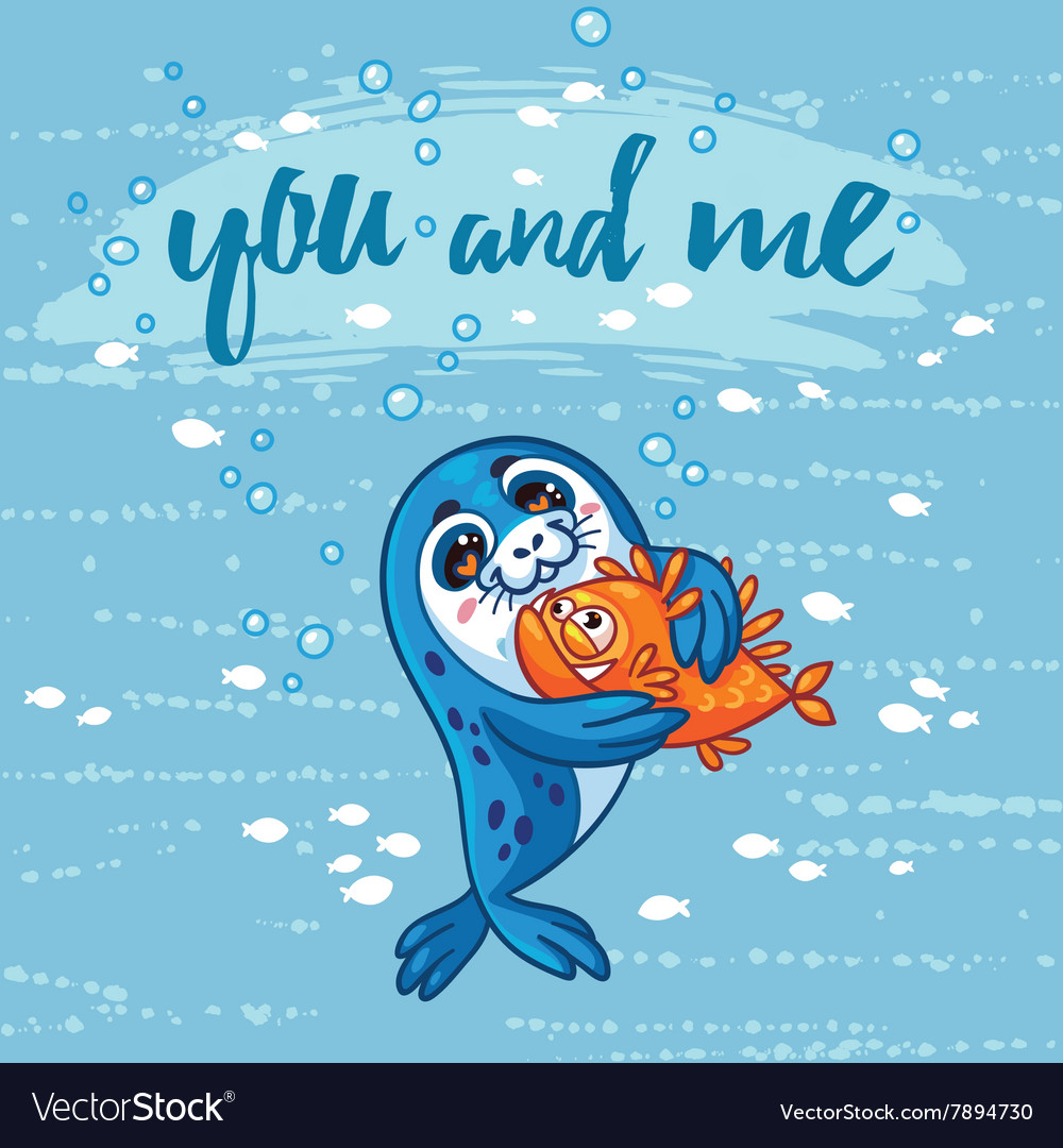 Cute card with cartoon baby seal who hugs a fish