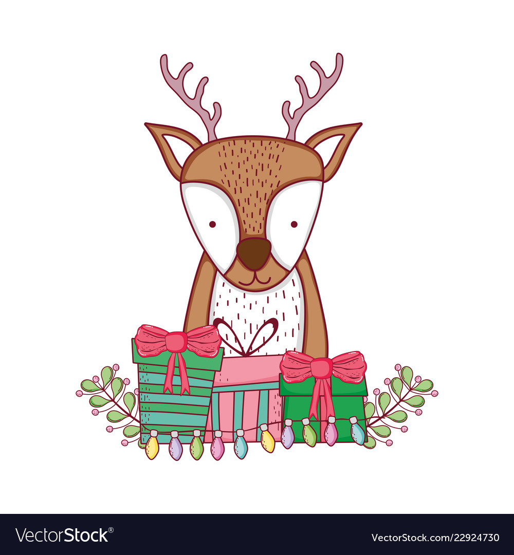 Cute christmas reindeer with wreath and gifts