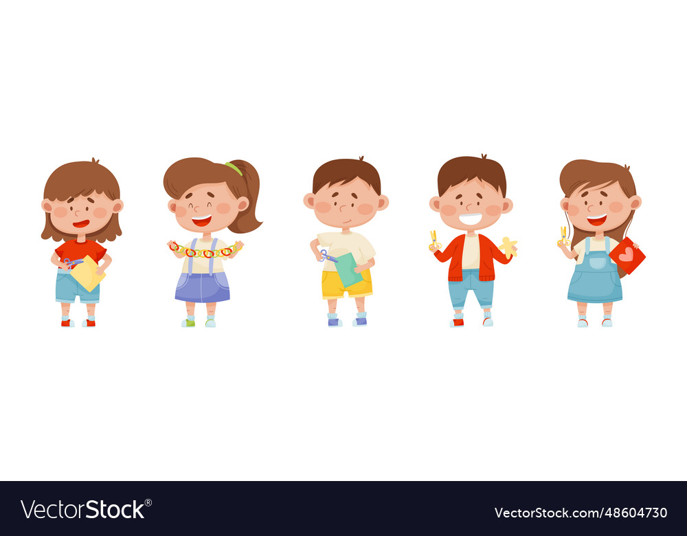 Happy kid characters make paper applique Vector Image