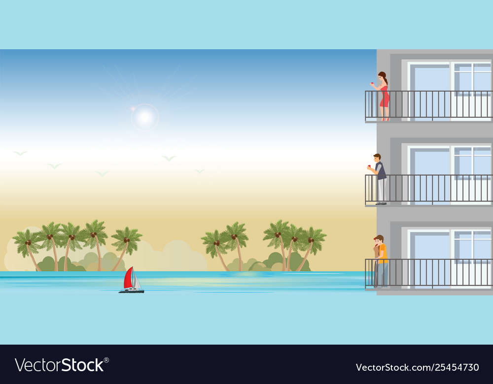 Modern apartment on beach with resting peoplein