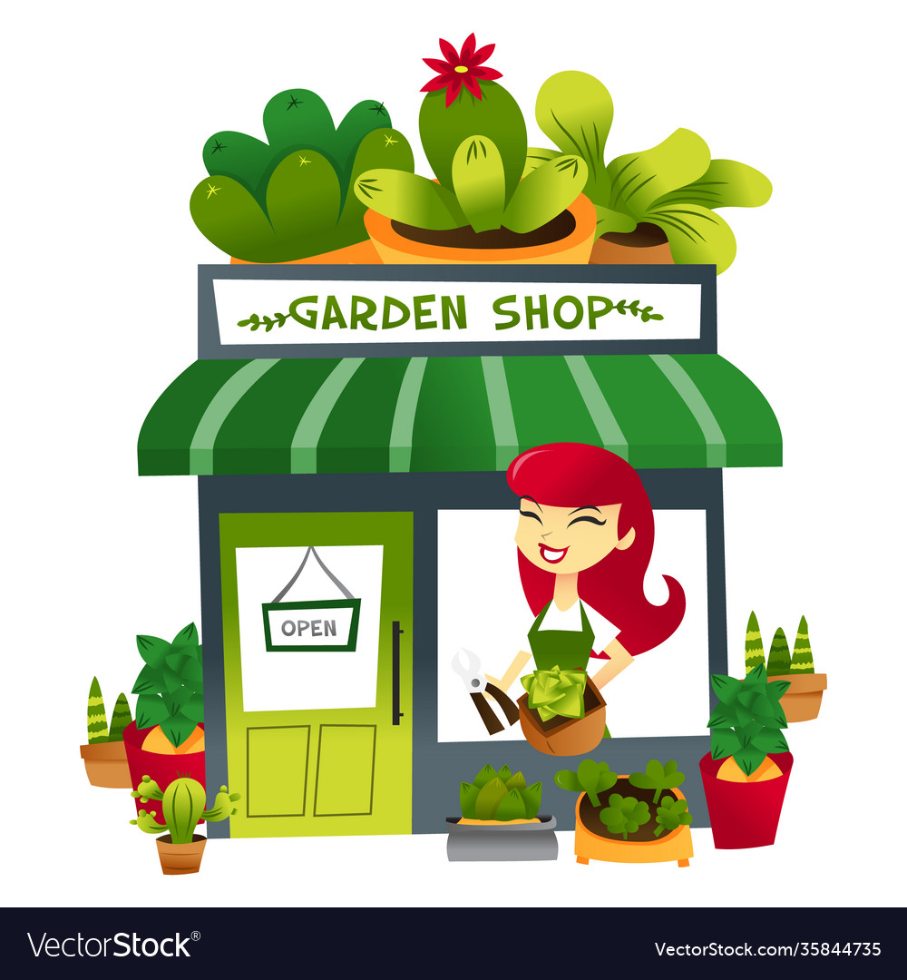 Cartoon garden shop with storekeeper at window Vector Image Cartoon garden shop with storekeeper at window Vector Image