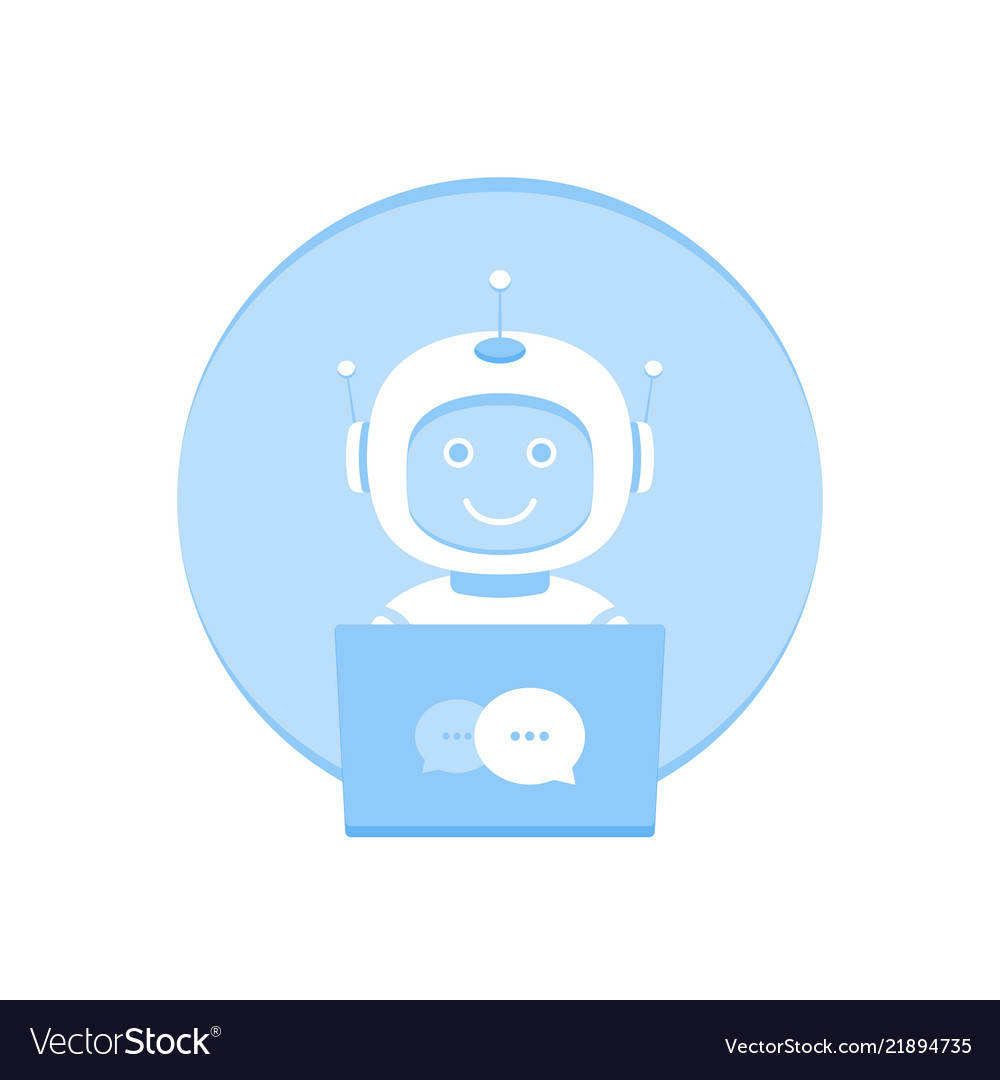 Cute smiling chat bot working in behind laptop