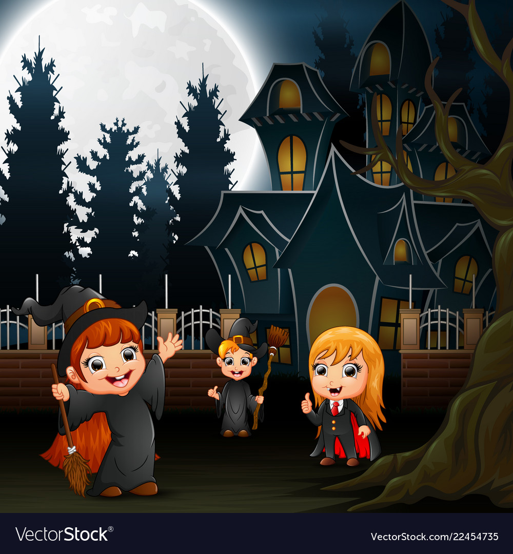 Halloween Kids With Scary House On The Full Moon B