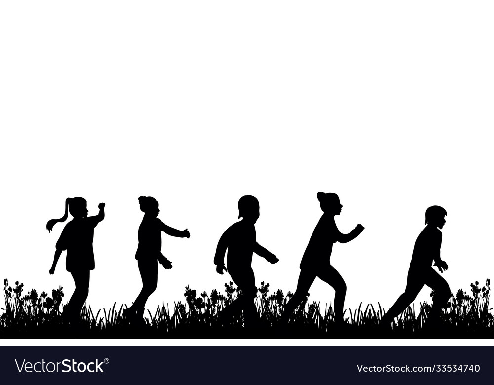 Silhouette children playing on grass Royalty Free Vector