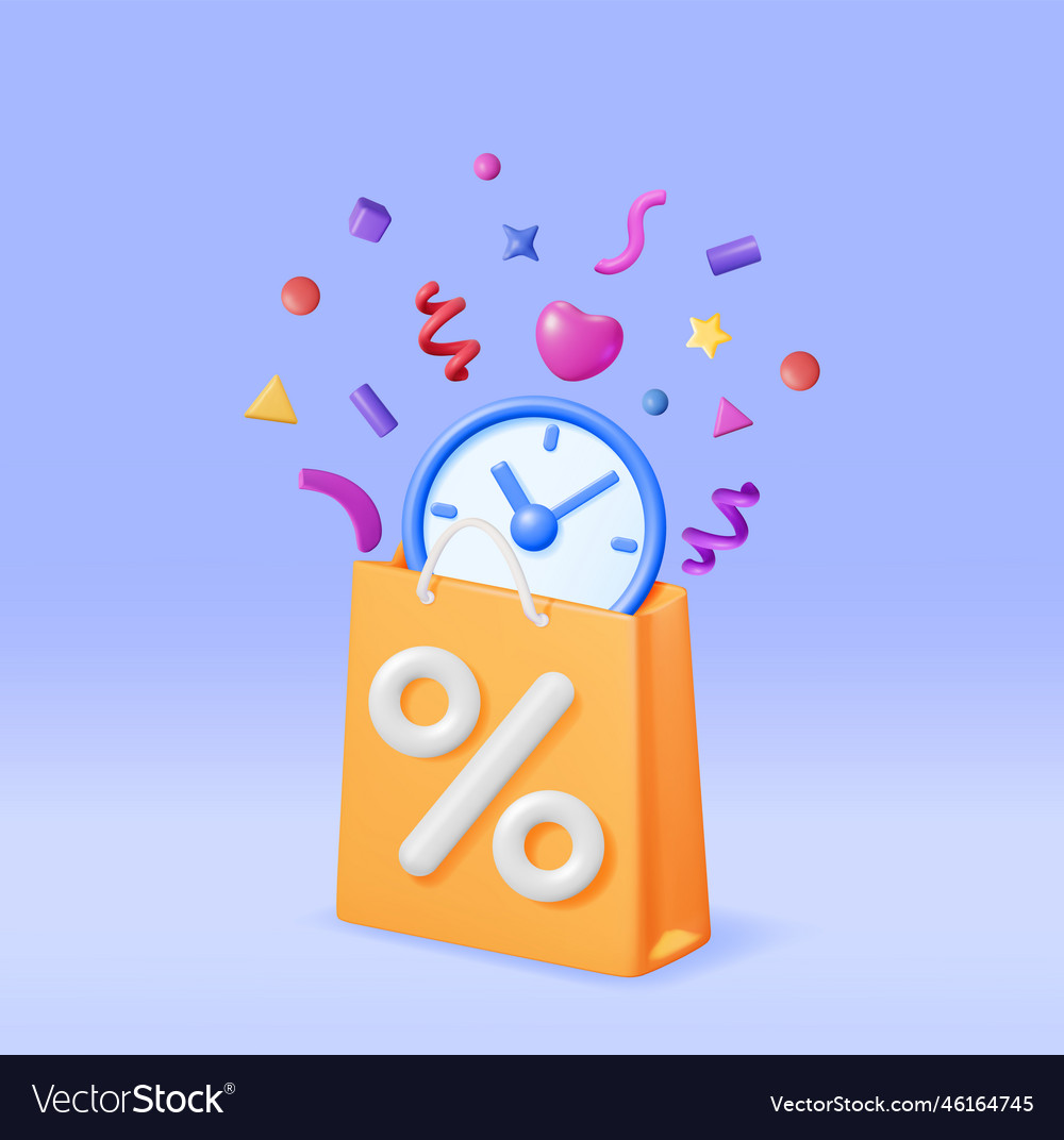 3d shopping bag with clocks and confetti