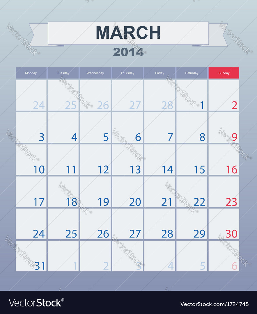 Calendar to schedule monthly March 2014 Royalty Free Vector