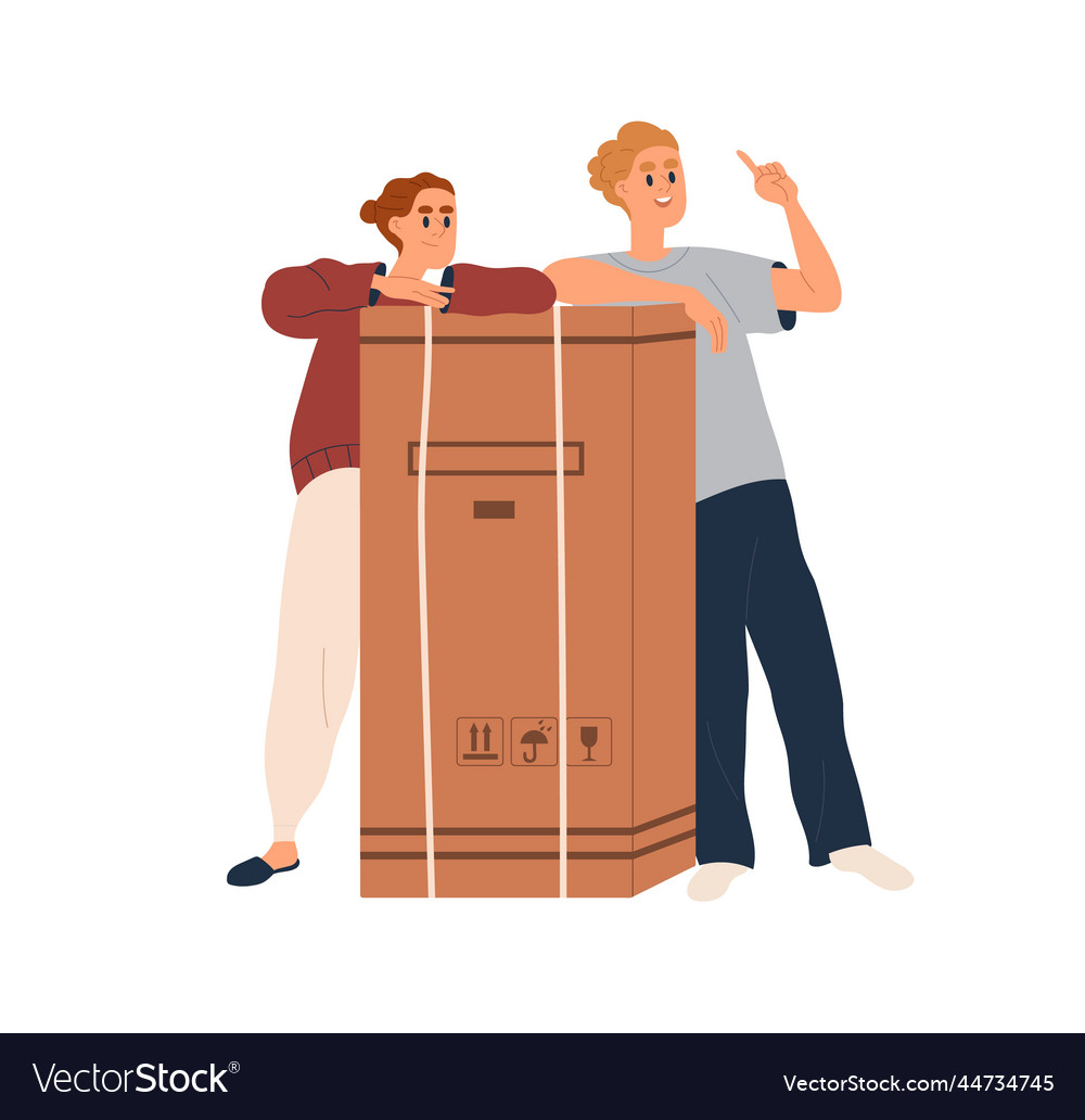 Couple with big cardboard box moving to new home vector image Couple with big cardboard box moving to new home