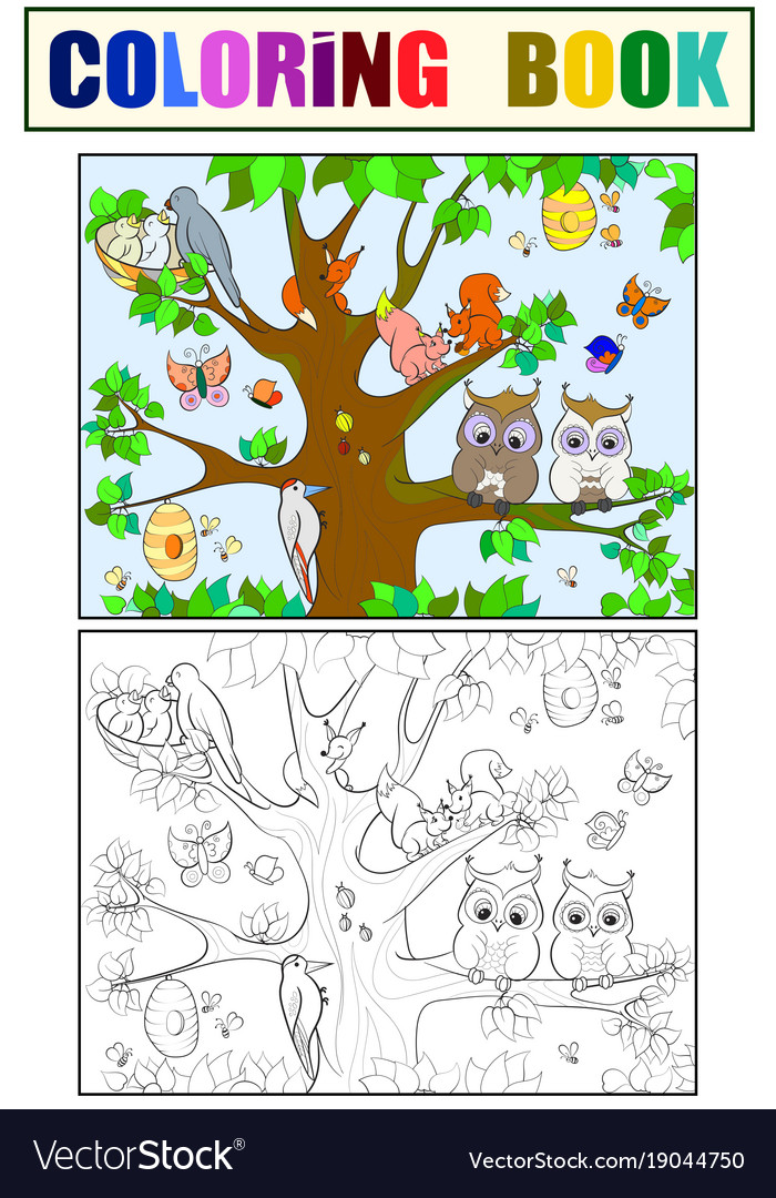 Animals and birds living on tree coloring Vector Image