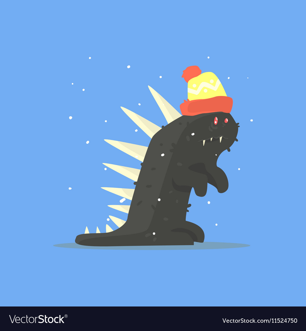 Black funny monster with spikes in warm hat