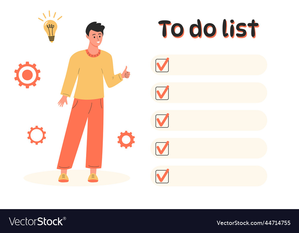 Man showing thumb up and looking at to do list vector image Man showing thumb up and looking at to do list