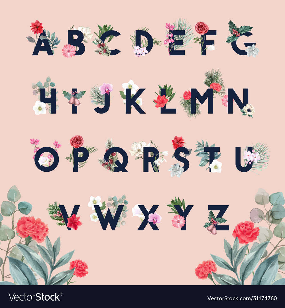 Winter bloom alphabet design with flower foliages Vector Image