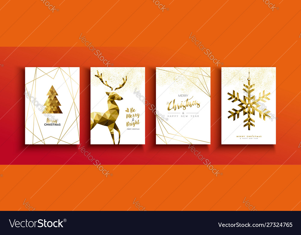 Christmas and new year gold low poly deer card set vector image Christmas and new year gold low poly deer card set