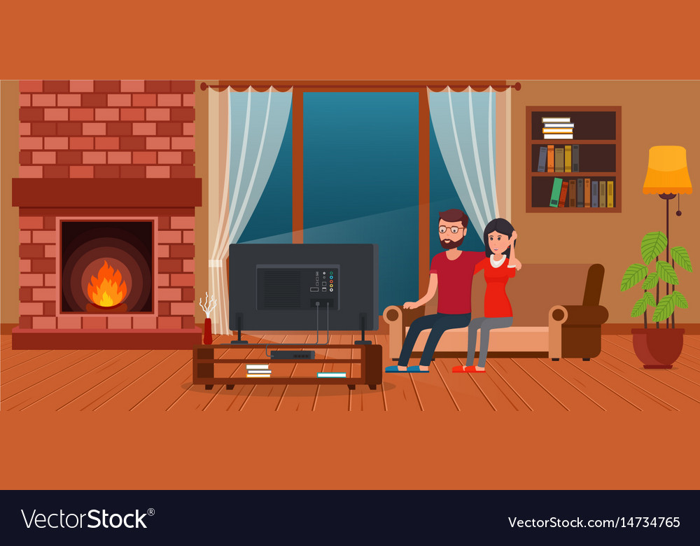 Young couple sitting on sofa watching tv Vector Image