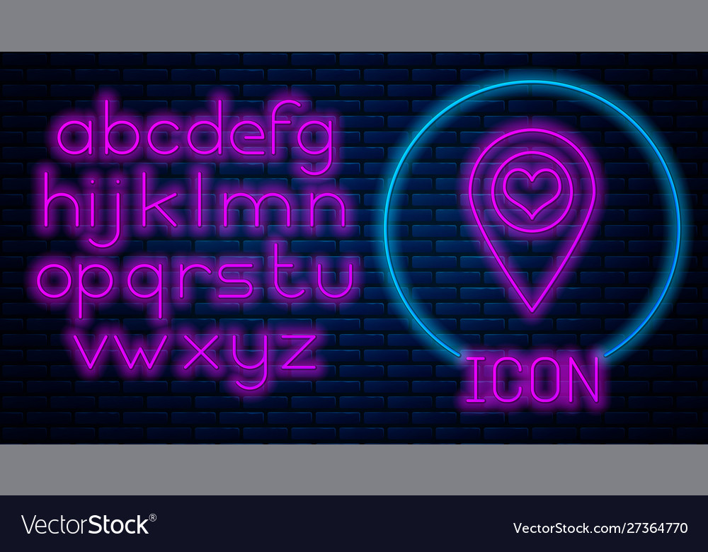 Glowing neon map pointer with heart icon isolated vector image Glowing neon map pointer with heart icon isolated