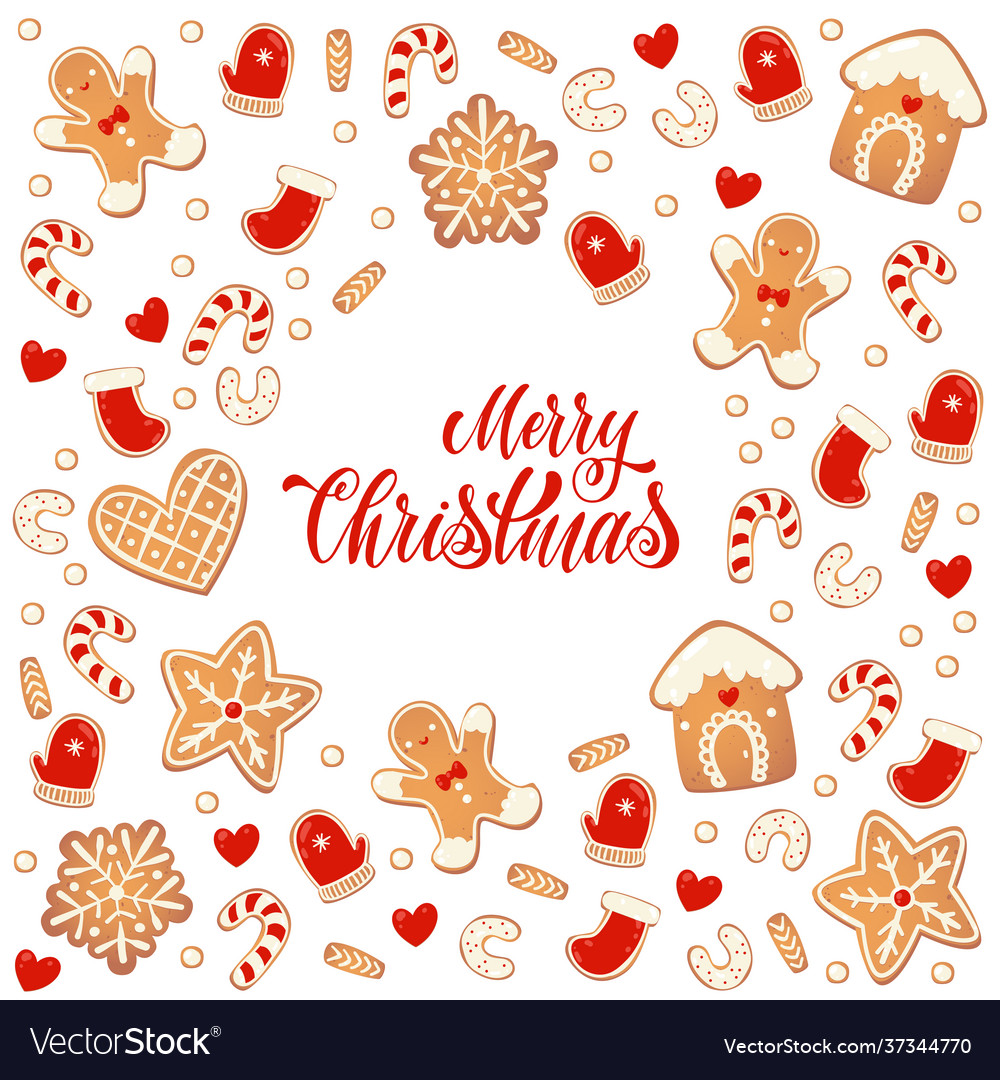 Merry christmas card with gingerbread cookies