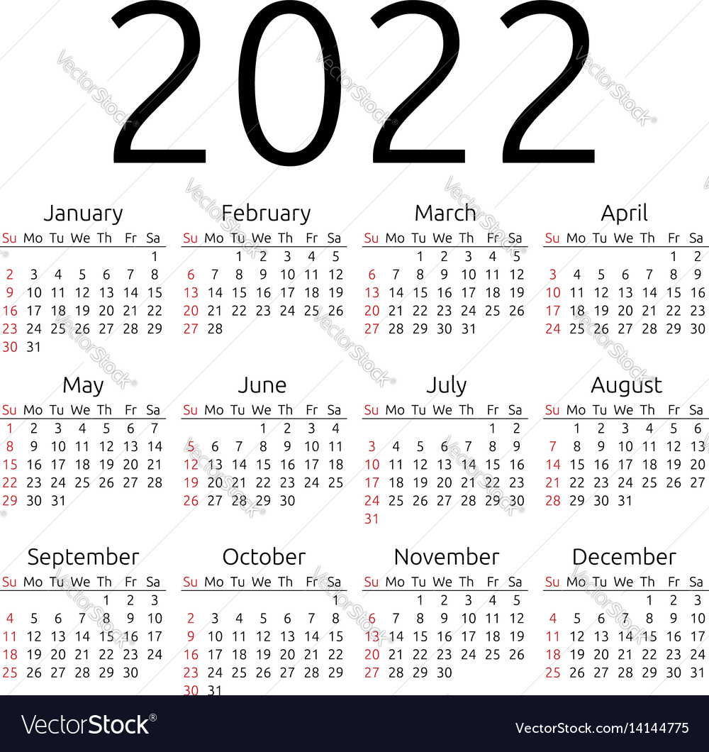 Calendar 2022 Sunday Royalty Free Vector Image